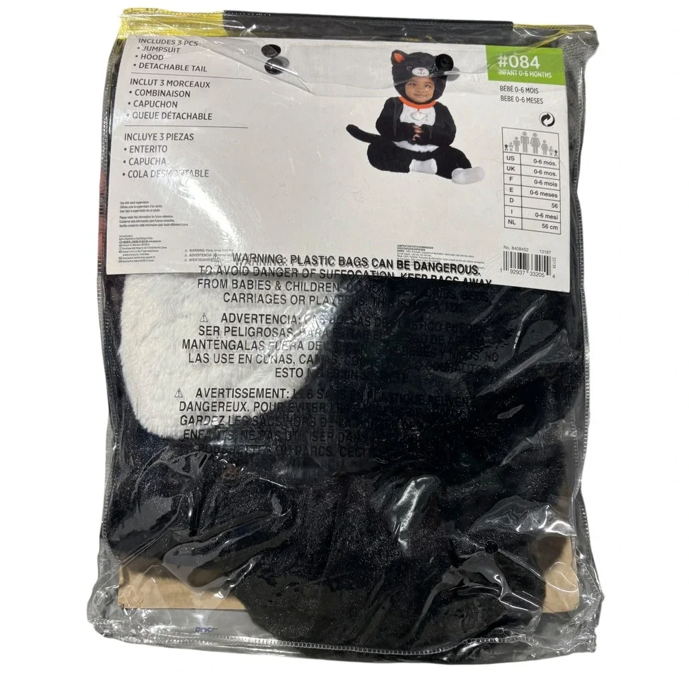 Cuddly Black Cat Costume Infant Halloween Jumpsuit‎ Hood Detachable Tail 0-6 Mo